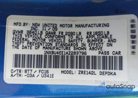 2010 Toyota Corolla Le из США, поврежденный, VIN 1NXBU4EE1AZ283796